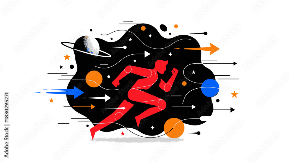 Obraz premium Accelerated Progress Concept Energetic Runner Navigating Cosmic Pathways in Flat Design