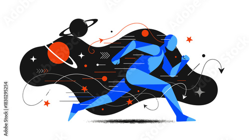 Dynamic Flat Design Runner A Modern Figure's Swift Progress Through a Cosmic Realm