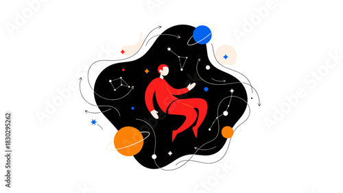 Human Experiencing the Vast Cosmos A Serene Journey in Modern Flat Design Illustration