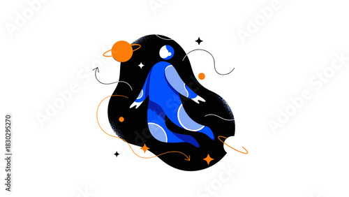 Astronaut Discovering Cosmic Wonders in a Vibrant Flat Design Artwork, Futuristic Space Journey Vector Art