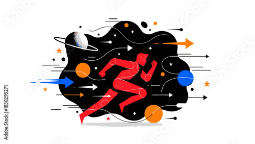 Accelerated Progress Concept Energetic Runner Navigating Cosmic Pathways in Flat Design