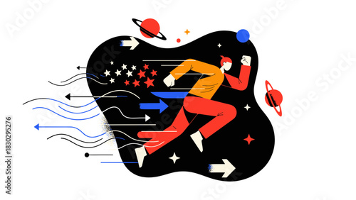 Futuristic Speed and Ambition A Man's Rapid Ascent in Space with Flat Design