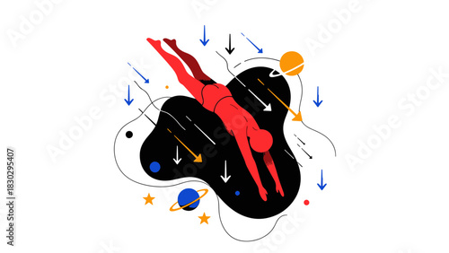 Human Descent into Cosmic Void A Gravity-Defying Journey in Flat Design Illustration