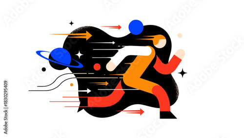 Abstract Flat Design illustration of a person sprinting through space, symbolizing rapid progress and futuristic motion