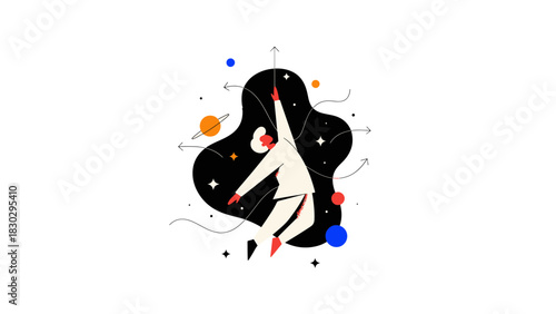 Inspiring Flat Design illustration depicting a person soaring through space and knowledge