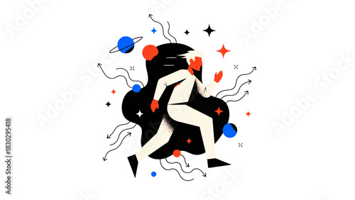 Vibrant Cosmic Journey Dynamic Flat Design Illustration of a Space Traveler