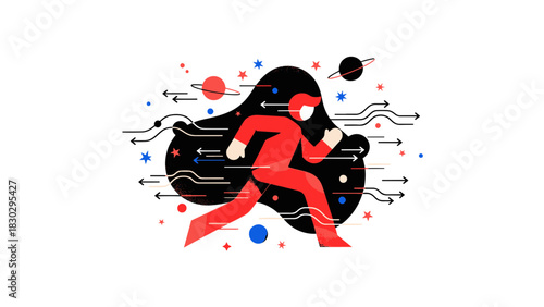 Vibrant Flat Design character running through a digital galaxy, symbolizing rapid progress and technological advancement