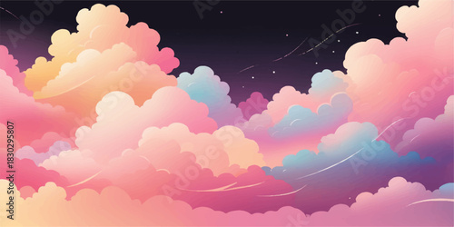 Abstract pink sky with hearts and clouds on a bright, sunny summer day