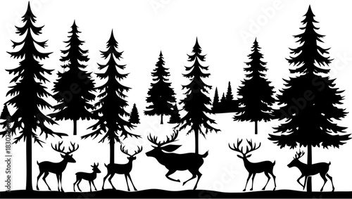 Majestic deer family silhouettes in a dense evergreen forest, evoking serene winter landscapes and natural beauty for holiday designs and nature themes