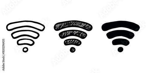 Set of hand drawn free wifi spot zone sign Public wi-fi area sign Wireless internet clipart in doodle style Single element for print, web, design, decor 3G, 4G, 5G, 6G, IoT