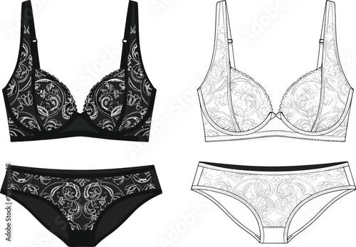 PrintElegant paisley lace lingerie set illustration, detailed women’s underwear design template featuring black and white bra and panty fashion elements, vector artwork