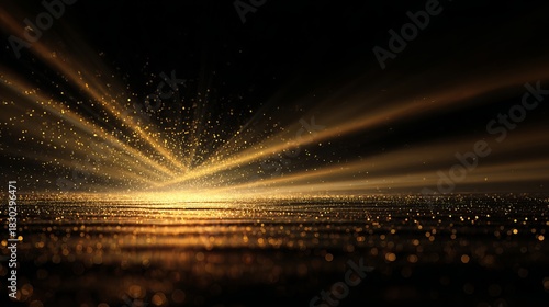 Luxurious golden particle burst with glowing horizontal light and dark reflective floor, cinematic awards-style abstract background.