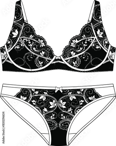 PrintLingerie set, black lace, floral embroidery, bra and panty, fashion design, intimate wear, sexy underwear, white background, textile illustration