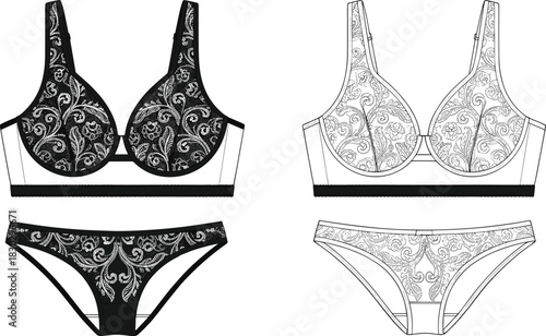 PrintLingerie set, black and white, embroidery detail, bra and panty, fashion design, intimate wear, floral pattern, textile illustration