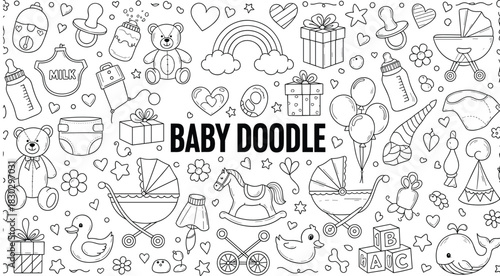 Baby doodle illustration, nursery theme vector art with pacifier, teddy bear, stroller, baby bottle, rocking horse, diaper, rainbow, balloons, cute sketch icons