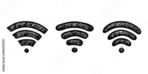 Set of hand drawn free wifi spot zone sign Public wi-fi area sign Wireless internet clipart in doodle style Single element for print, web, design, decor 3G, 4G, 5G, 6G, IoT