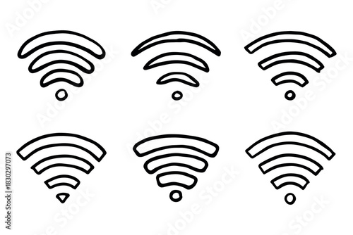 Set of hand drawn free wifi spot zone sign Public wi-fi area sign Wireless internet clipart in doodle style Single element for print, web, design, decor 3G, 4G, 5G, 6G, IoT