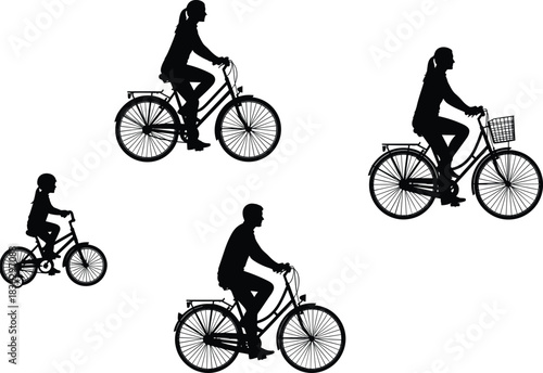 Bicycle silhouettes family collection, adults and kids cycling black vector, urban transport icons, minimal gender neutral shapes, commuters riding bikes isolated on white background