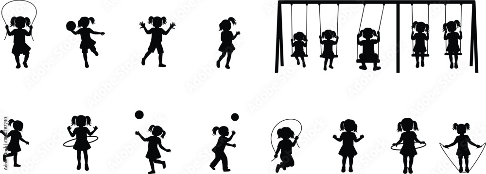 Naklejka premium Children Silhouette Set, Playground Activities, Jump Rope, Ball Play, Swing Kids, Happy Fence Park Scene, Outdoor Fun Moments, Minimal Black Vector Graphics Isolated on White