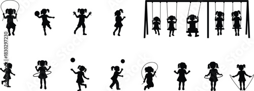 Children Silhouette Set, Playground Activities, Jump Rope, Ball Play, Swing Kids, Happy Fence Park Scene, Outdoor Fun Moments, Minimal Black Vector Graphics Isolated on White