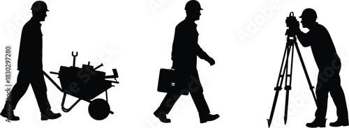 Construction Worker Silhouettes, Wheelbarrow Tools, Engineer Briefcase, Surveyor Tripod Instruments, Industrial Work Process, Safety Helmet, Measuring Equipment, Isolated Black Vector Set