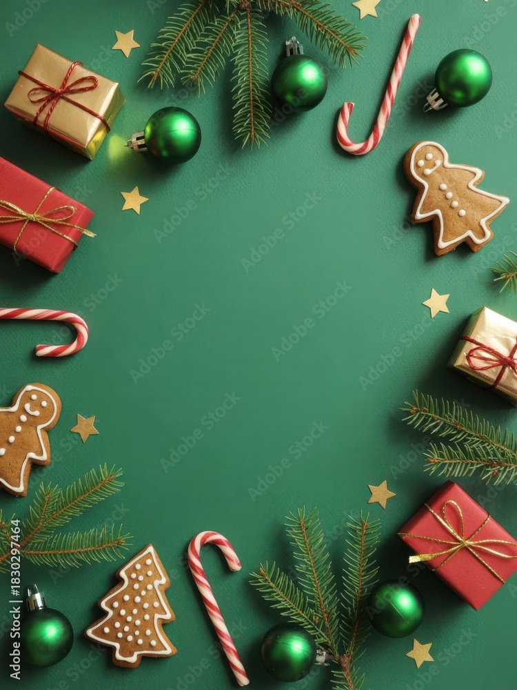 Fototapeta premium Christmas frame with gifts, gingerbread, candy canes, ornaments