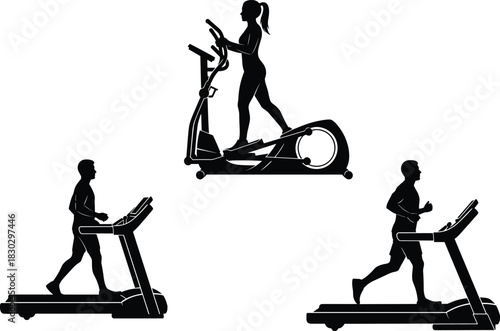 Gym Cardio Workout Silhouettes, Treadmill Running, Elliptical Exercise Machine, Fitness Training, Weight Loss Motion, Healthy Lifestyle Concept, Sport Vector Graphics Isolated