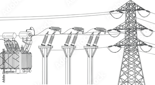 High-voltage transmission tower, transformer substation, insulator chains, power lines engineering, electricity distribution infrastructure silhouette, 