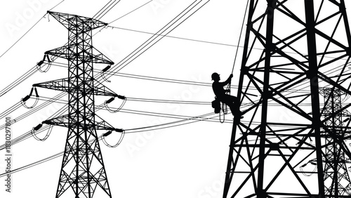 Power Line Worker Silhouette, Electricity Pylon Towers, High Voltage Cable Maintenance, Industrial Energy Infrastructure, Electrical Technician Climbing 