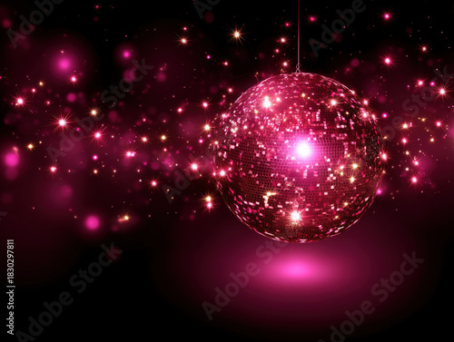 Sparkling Pink Disco Ball with Starbursts on Dark Background, Party Celebration, Dance Club, Festive Atmosphere, Glamour and Entertainment