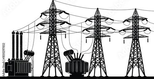 Power transmission silhouette vector, electricity pylons, high voltage lines, electrical grid, substation transformers, energy infrastructure, industrial towers, utility symbol, engineering design