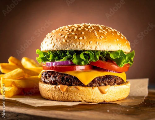 A juicy cheeseburger on a sesame bun served with fries.
