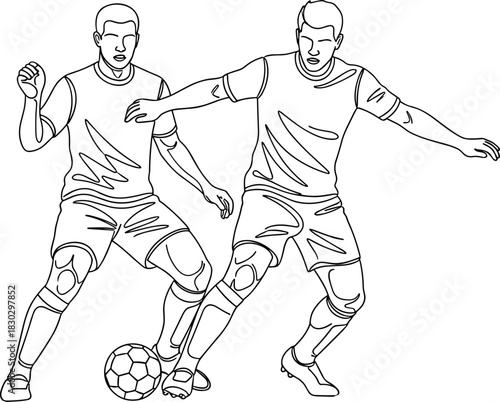 Soccer players duel line art, football attack defense match sketch, two male athletes compete for ball, sport competitive action isolated white background vector illustration design