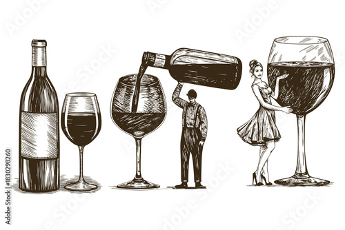 wine culture concept vector design. woman holding giant glass isolated black, white hand drawn line art detailed illustrations collection. Eps 10