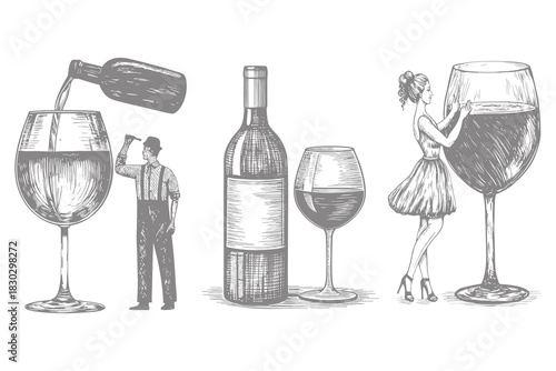 wine culture concept vector design. woman holding giant glass isolated black, white hand drawn line art detailed illustrations collection. Eps 10