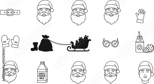 Santa face and sleigh icons isolated on transparent background
