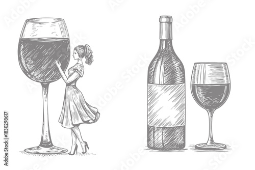 Trendy Halftone wine lifestyle scenes sketch with classic bottle and glass. an person holding glass vector illustration. Eps 10
