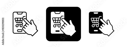 Online Market  Solid color and black line drawing vector illustration set