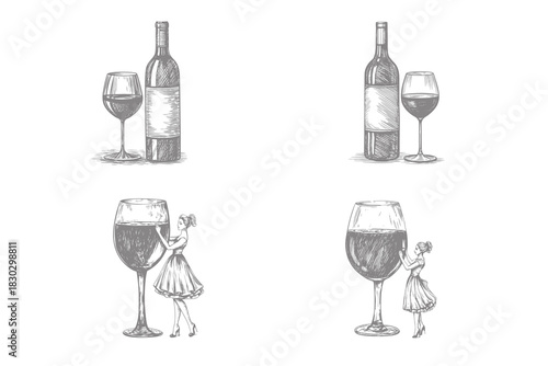 Trendy Halftone wine lifestyle scenes sketch with classic bottle and glass. an person holding glass vector illustration. Eps 10