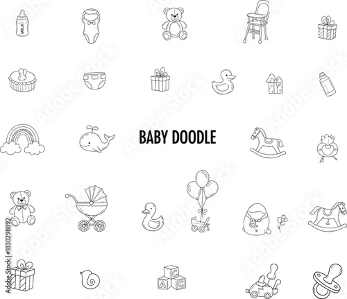 Baby doodle icons pack, nursery symbols, teddy bear, stroller, rocking horse, duck toy, high chair, milk bottle, gifts, ABC blocks, pacifier, baby shower sketch collection, minimal line art set