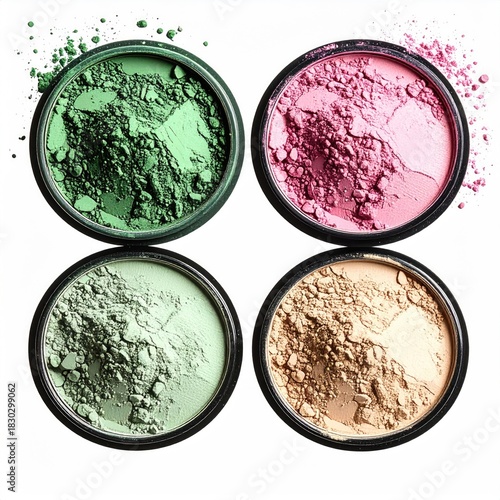 Four small, round, black containers, filled with loose powder makeup.  Vibrant, assorted colors including green, pink, and beige.  Powder spills around each container