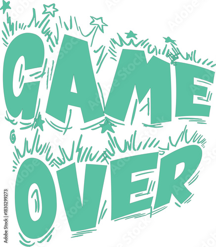 Game Over Stylized Gaming Text Vector Graphic Design – Vibrant teal 'Game Over' text with dynamic decorative elements on black background. Ideal for gaming designs