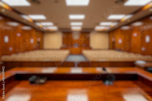 Blurred background of Minimalist courtroom interior, POV judge