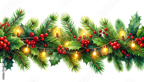Christmas Garland with Red Berries and Lights – Transparent Background PNG