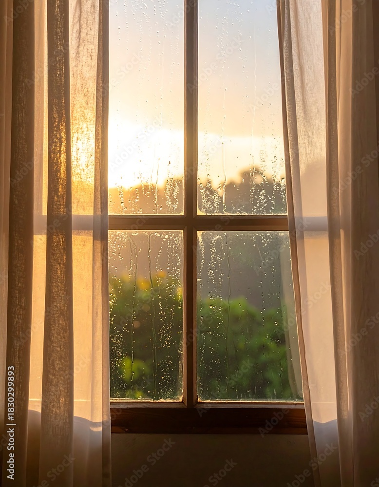 Fototapeta premium Soft light streams through a window, behind sheer curtains