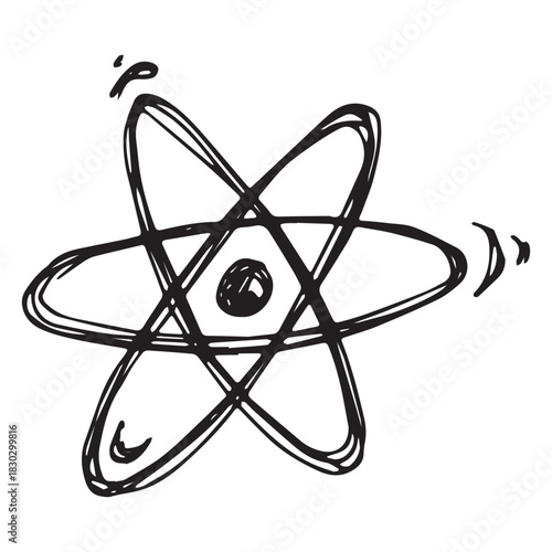 Hand drawn atom sign Molecule clipart in doodle style Single element for print, web, design, decor Symbol of science, education, nuclear energy, scientific research, molecular chemistry