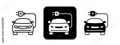 Electric Car  Solid color and black line drawing vector illustration set