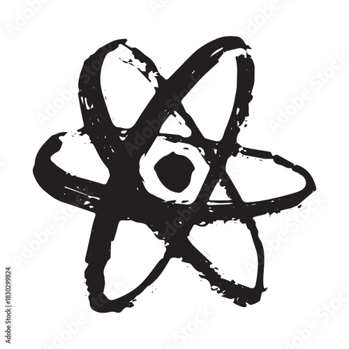 Hand drawn atom sign Molecule clipart in doodle style Single element for print, web, design, decor Symbol of science, education, nuclear energy, scientific research, molecular chemistry