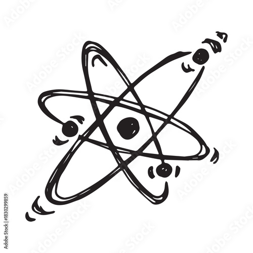 Hand drawn atom sign Molecule clipart in doodle style Single element for print, web, design, decor Symbol of science, education, nuclear energy, scientific research, molecular chemistry