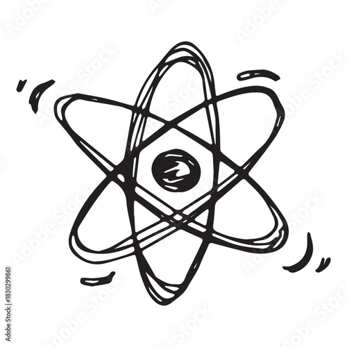 Hand drawn atom sign Molecule clipart in doodle style Single element for print, web, design, decor Symbol of science, education, nuclear energy, scientific research, molecular chemistry
